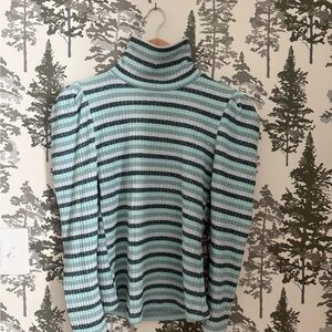 Anthropologie Mint and Charcoal Striped puff sleeved turtleneck
